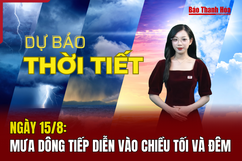 Dự báo thời tiết ngày 15/8: Mưa dông tiếp diễn vào chiều tối và đêm