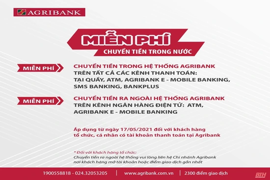 Agribank miễn phí 100% phí dịch vụ chuyển tiền