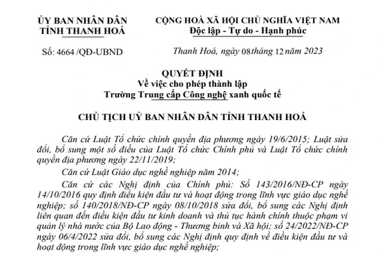Thanh Hóa cho phép thành lập Trường Trung cấp Công nghệ xanh quốc tế