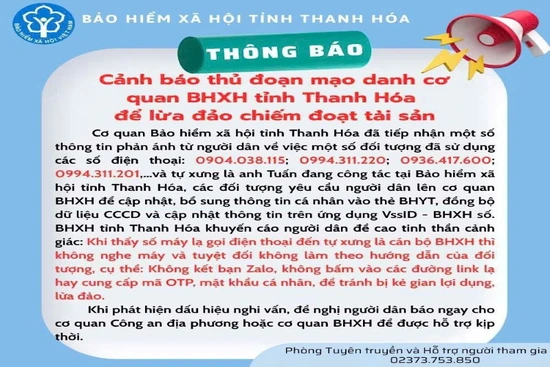 Cảnh báo thủ đoạn mạo danh cơ quan BHXH tỉnh Thanh Hóa để lừa đảo