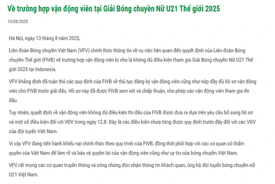 VFV khiếu nại về vận động viên không đủ điều kiện tham gia Giải U21 Thế giới